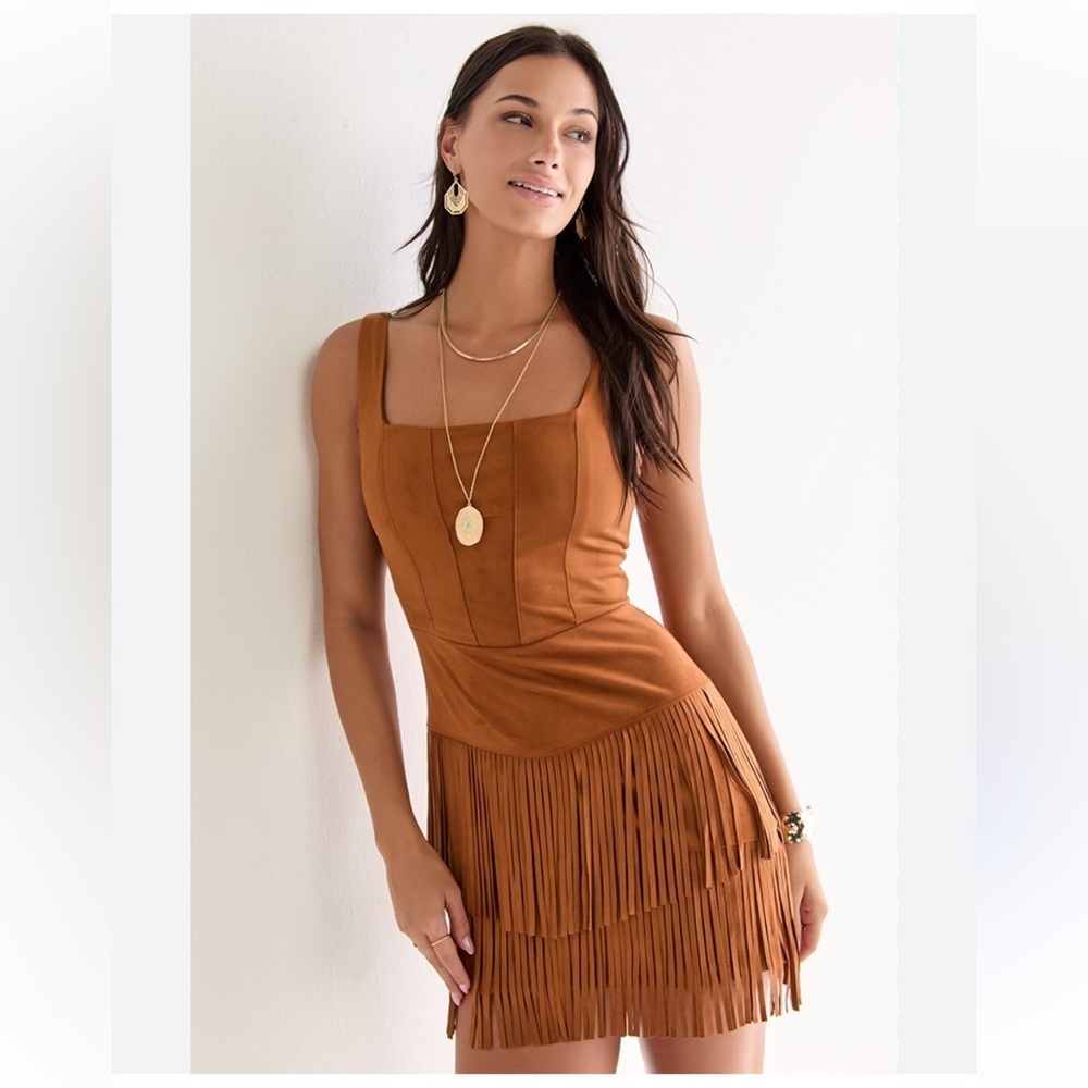 Trixxi Tan Suede Fringe Mini Dress